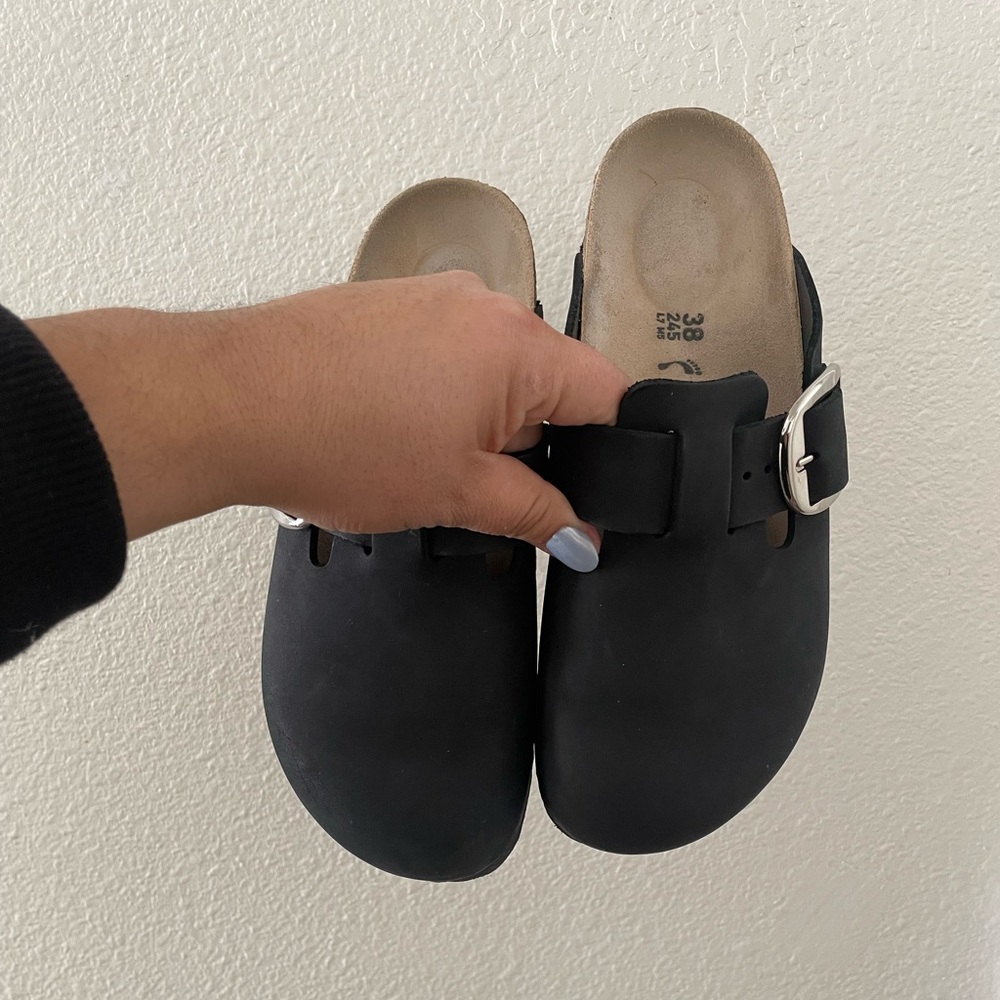 Birkenstock Boston Big Buckle Black Nubuck Leather NARROW WIDTH